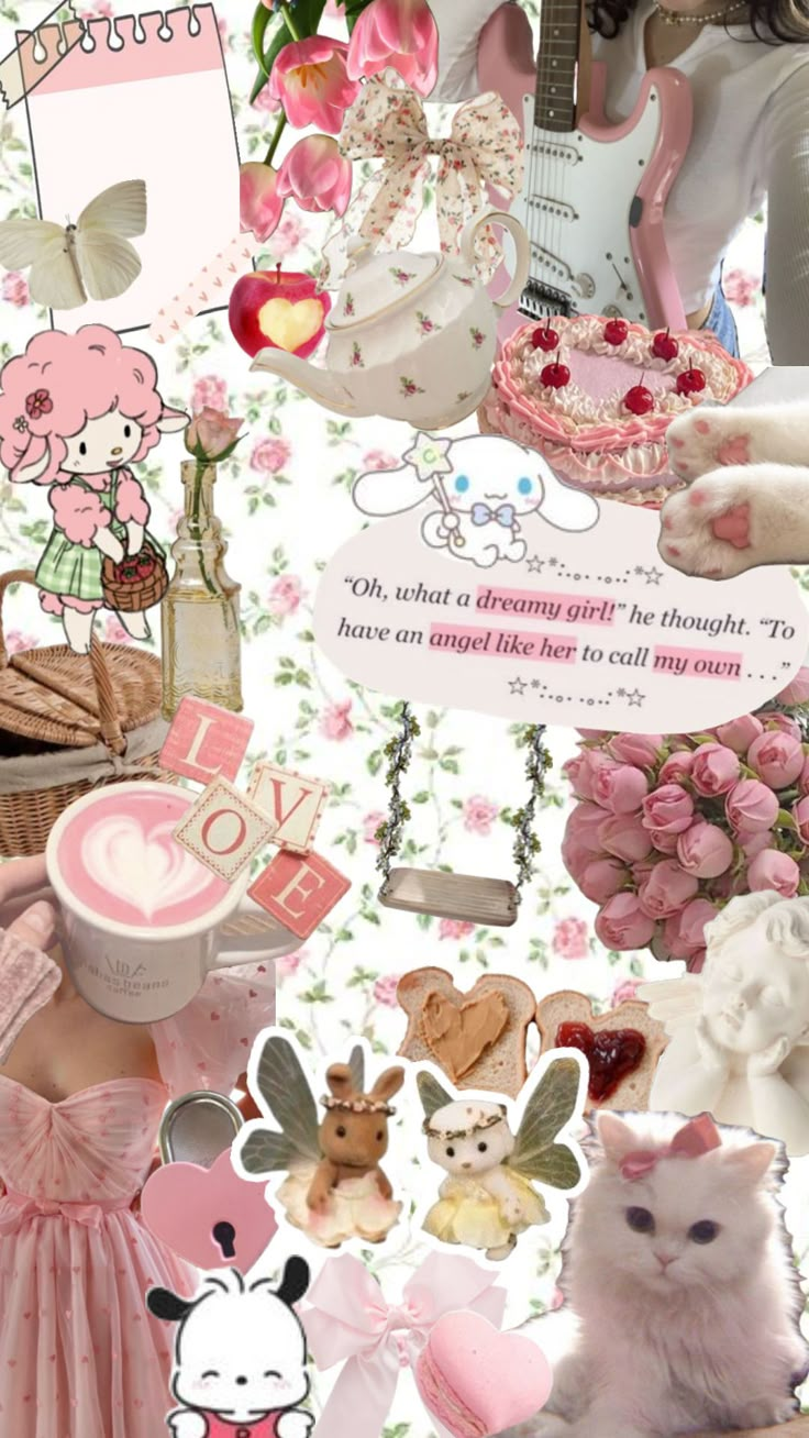 a collage of pink and white pictures with cats, teddy bears, hearts, flowers