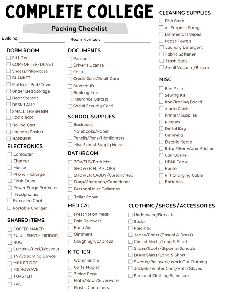 the complete college packing checklist is shown in black and white, with text on it