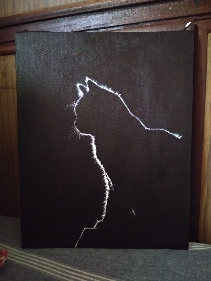 Cat silhouette acrylic painting black and white Cat Painting Silhouette, Black Painting Canvas Ideas, Diy Painting Canvas Black And White, White Silhouette On Black, Black Cat Abstract Painting, Black Cat Silhouette Painting, Small Black Canvas Art, Black And White Small Drawings, Simple Black Drawings