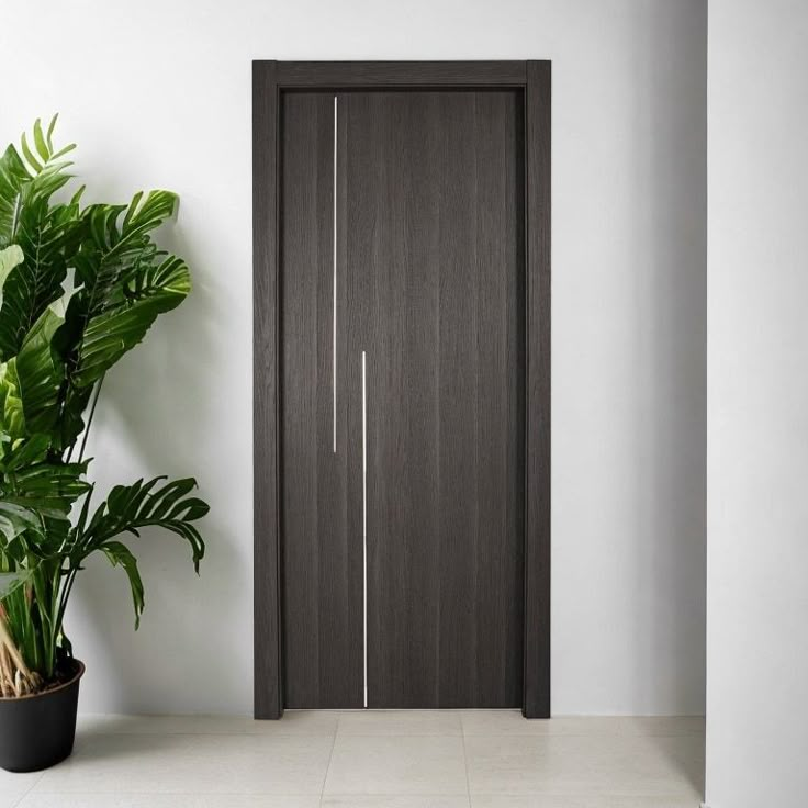 a potted plant next to a wooden door in a room with white walls and tile flooring