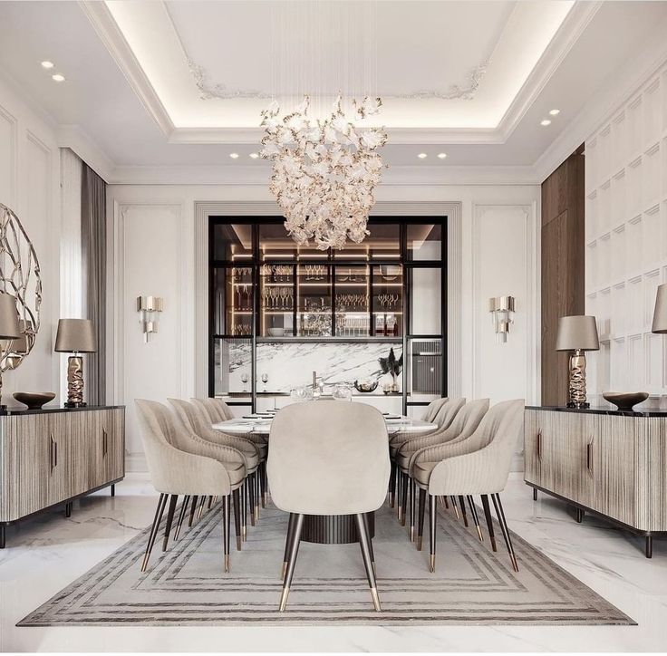 an elegant dining room with marble floors and white walls