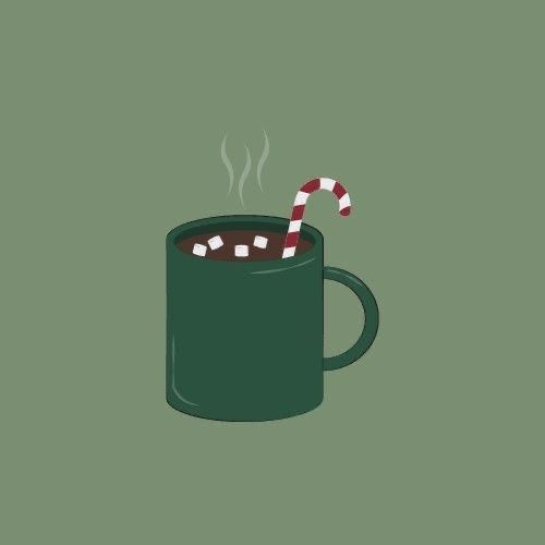 a green coffee mug with a candy cane sticking out of it's side, on a green background