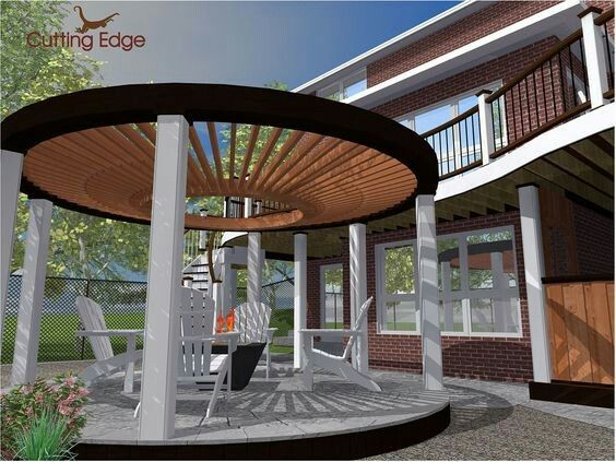 an artist's rendering of a covered patio with chairs and table in the background