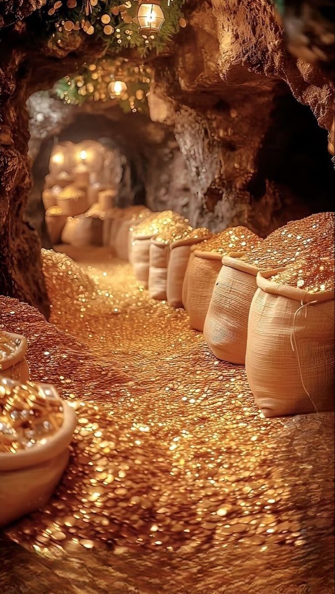 gold coins are scattered all over the ground in front of pots and baskets on display