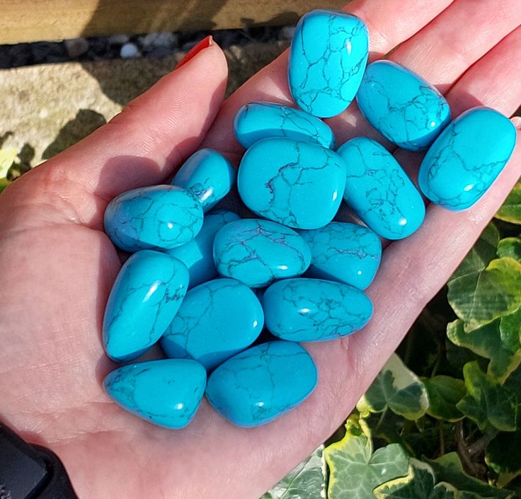 a person's hand holding turquoise stones in their palm