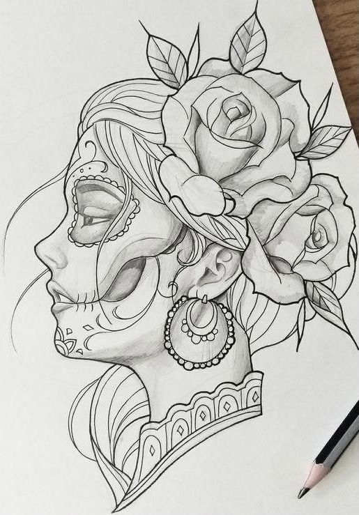 a pencil drawing of a woman's face with roses on her head and an earring