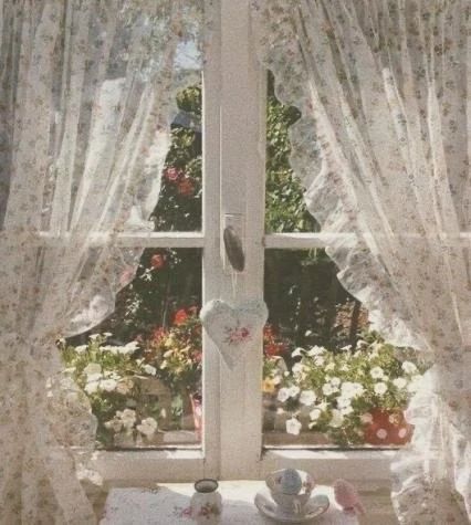 there is a window with white curtains and flowers on the windowsill in front of it