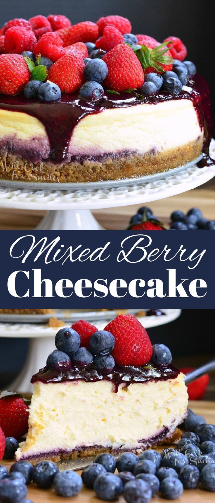 triple berry cheesecake with blueberries and raspberries on top