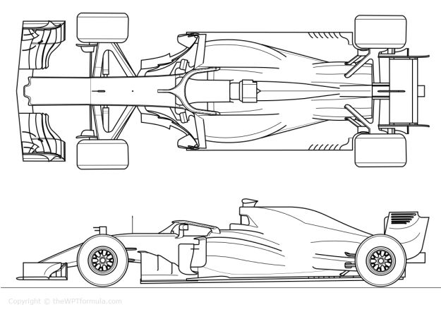 the front and side view of a race car