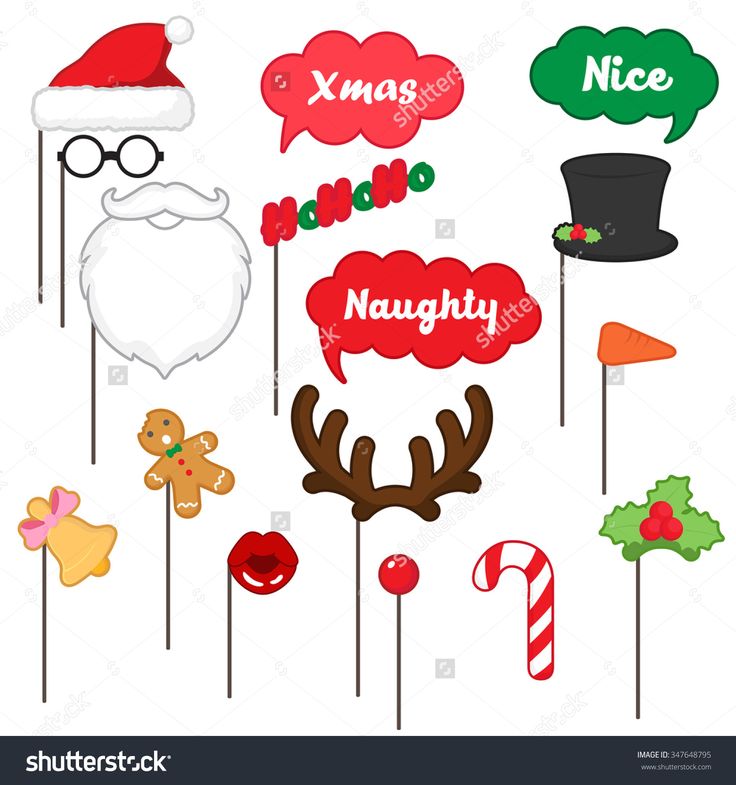 christmas photo booth props including santa hat, reindeer nose, candy canes and more