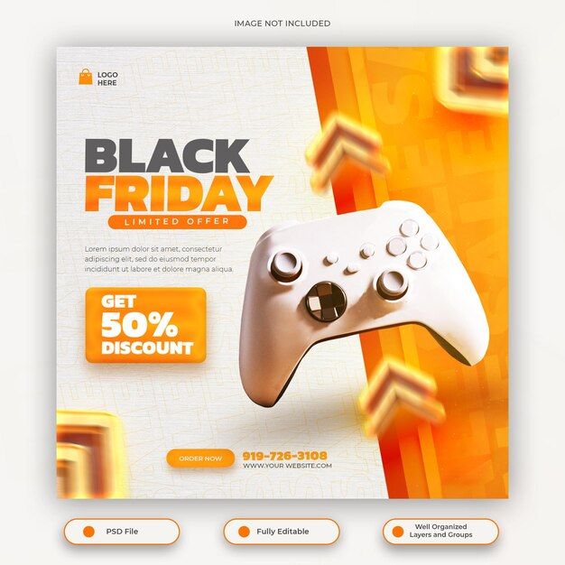 a black friday flyer with a video game controller on the front and yellow background in the back