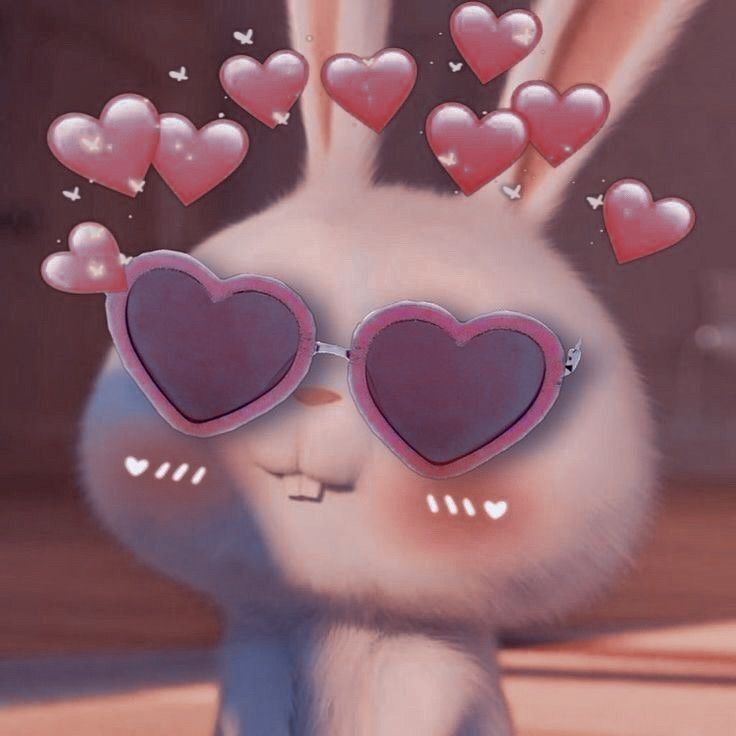 a rabbit with heart shaped sunglasses on it's face