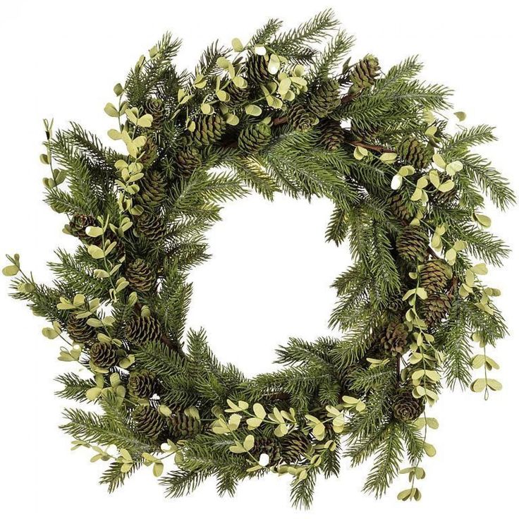 a wreath with pine cones and green leaves