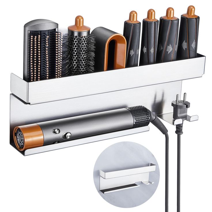 the hair dryer and combs are organized in this holder for drying your hair