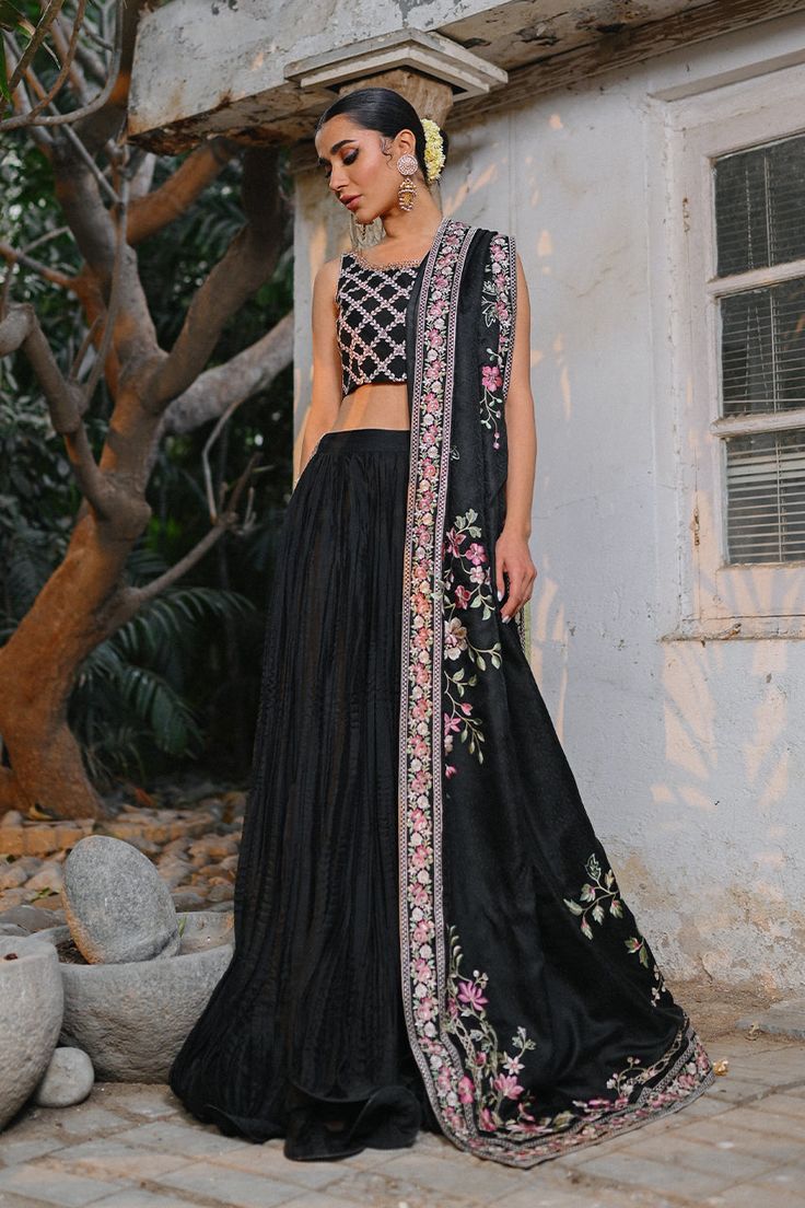 Nala (A) – Sania Maskatiya International Black Bollywood Traditional Wear With Floral Embroidery, Black Floral Embroidered Dupatta For Diwali, Elegant Black Sharara With Floral Embroidery, Black Floral Embroidered Shawl Dupatta, Semi-stitched Black Sharara With Floral Embroidery, Website Features, Full Set, Online Branding, How To Dye Fabric