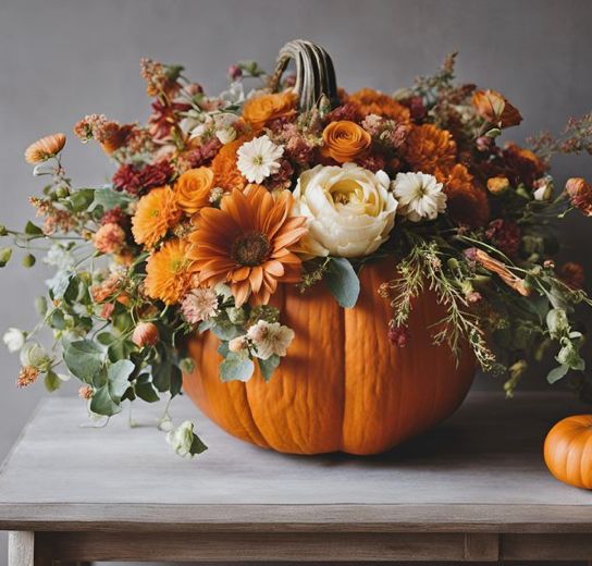 a pumpkin filled with flowers sitting on top of a table