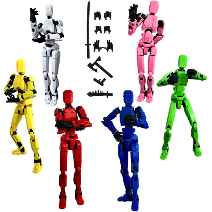 six action figures are shown in different colors