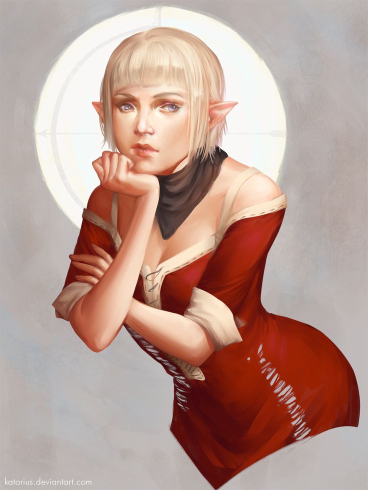 a digital painting of a woman in a red dress with her hand on her chin