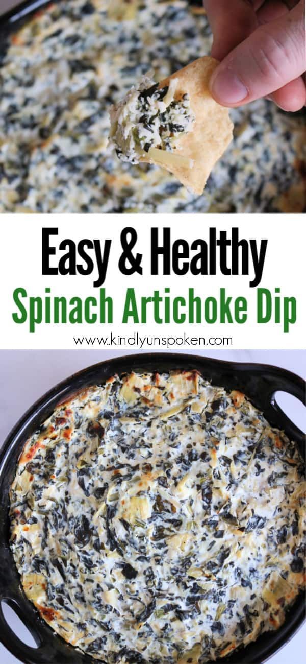 spinach artichoke dip in a cast iron skillet with text overlay