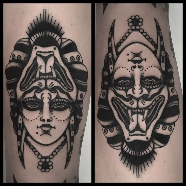 two tattoos on the legs of people with masks and faces in black and grey ink