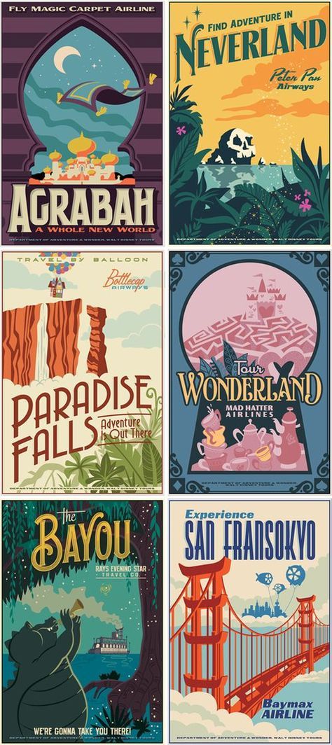 four different travel posters from around the world