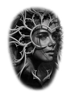 a woman's face is shown in black and white, with an intricate design