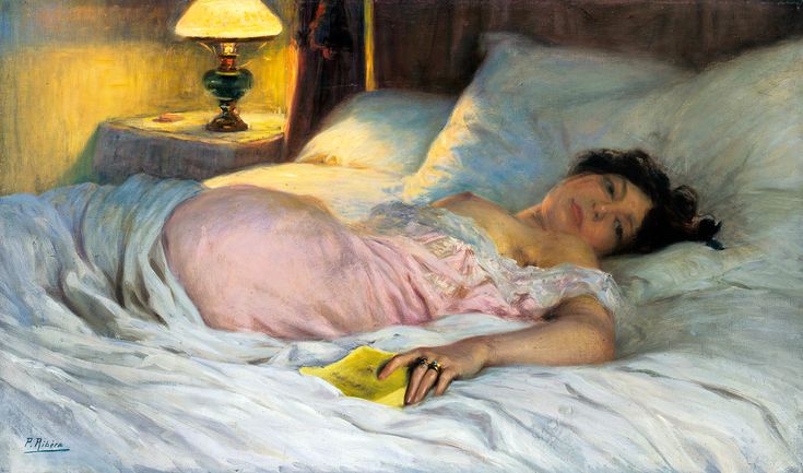 a painting of a woman laying on a bed with a book in her hand and a lamp next to her