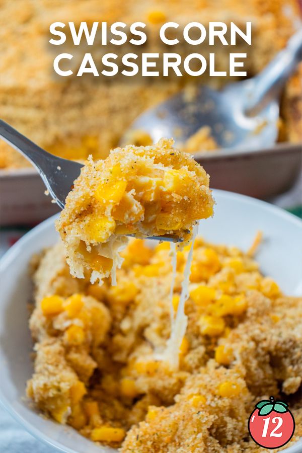 a close up of a spoonful of casserole on a plate with text overlay