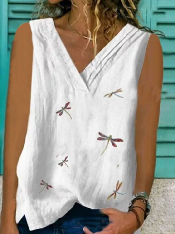 Sleeveless Cotton-blend Shirts & Tops Top Sewing, Casual Tanks, Blouse Tops, Vest White, Sleeveless Tank Top, Dragonflies, Sleeveless Tank, Eminem, Sleeveless Blouse