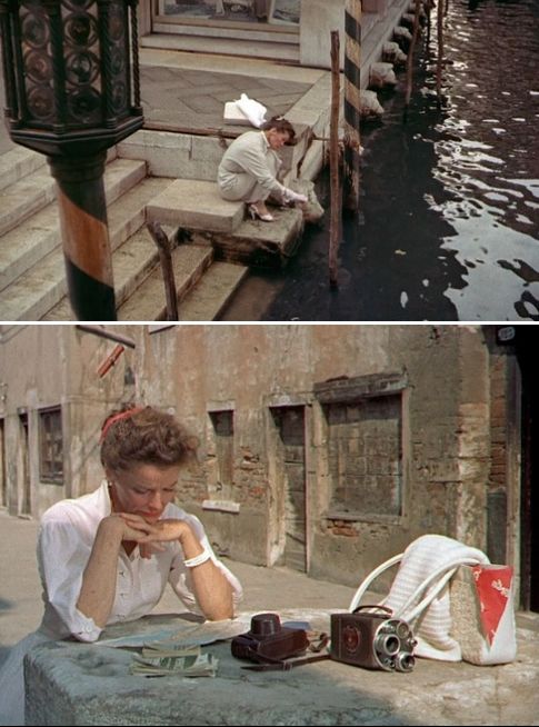 two pictures one with a woman sitting on a bench and the other with a camera