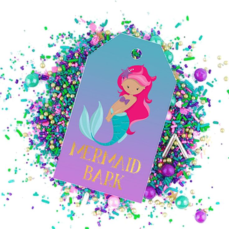 a mermaid party bag with sprinkles and confetti around it on a white background