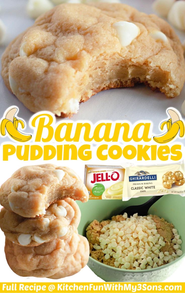 banana pudding cookies are stacked on top of each other