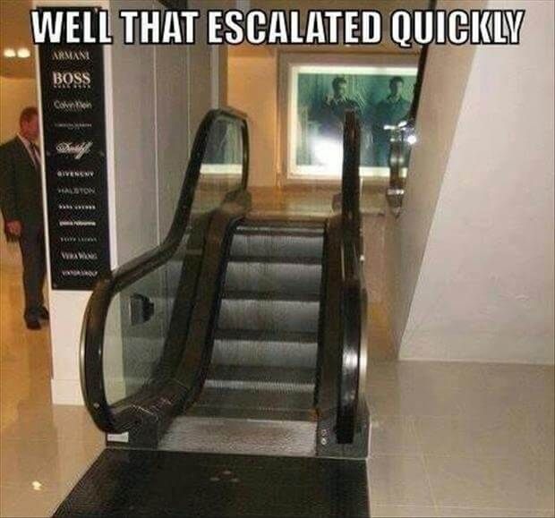 an escalator in a building with the caption well that is associated quickly