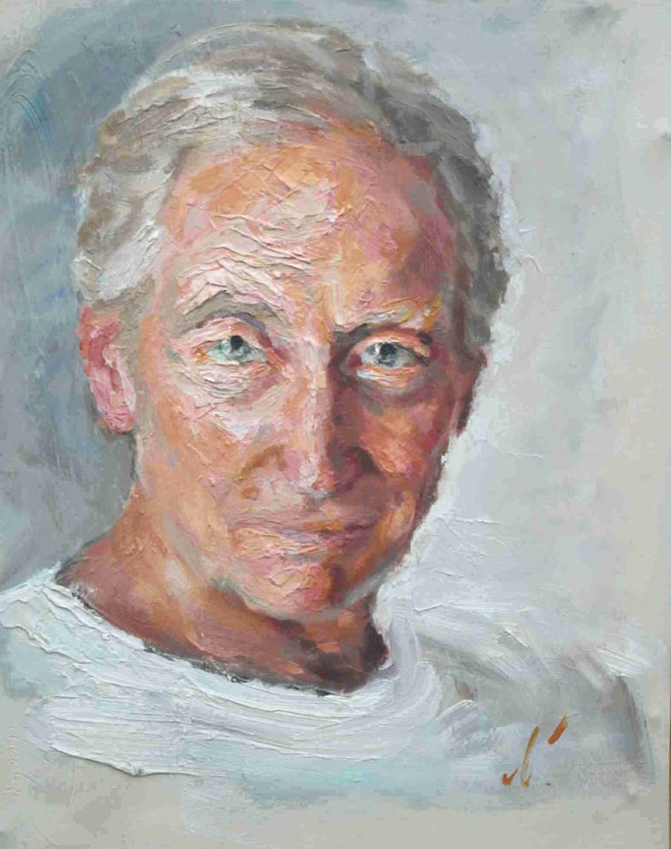 an oil painting of a man's face with white hair and blue eyes, wearing a white t - shirt