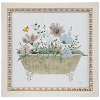 a painting of flowers in a pot with a butterfly on the top and bottom half