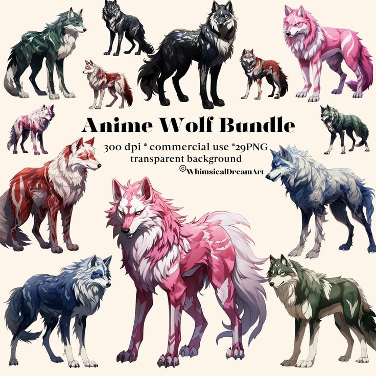 an image of wolfs with different colors and sizes