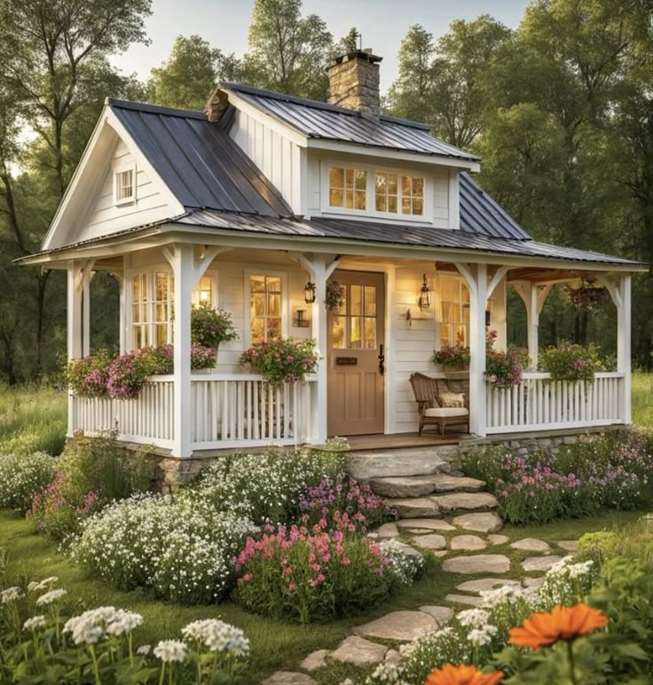 a small white house surrounded by flowers and greenery