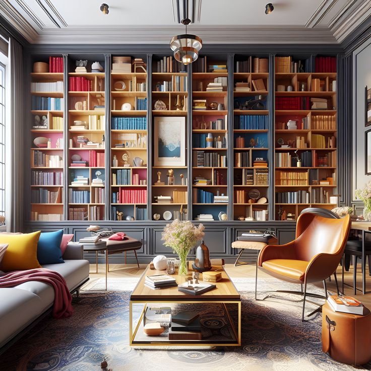 a living room filled with lots of furniture and bookshelves covered in shelves full of books