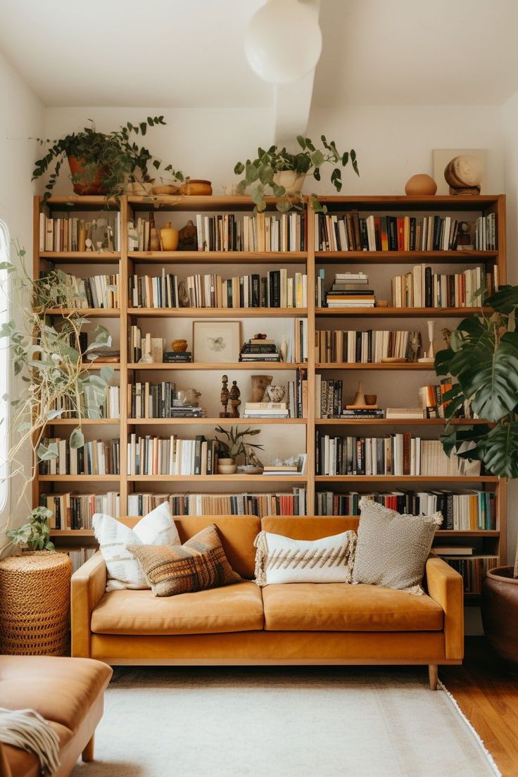 a living room filled with lots of furniture and bookshelves next to a window