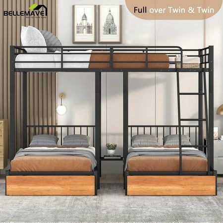 bunk beds with twin and twin mattresses are shown in this image, the bed frame is made out of metal