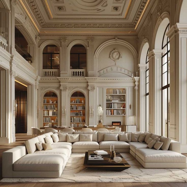 an elegant living room with white couches and bookshelves