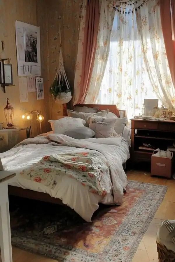 a bed room with a neatly made bed next to a window and a rug on the floor