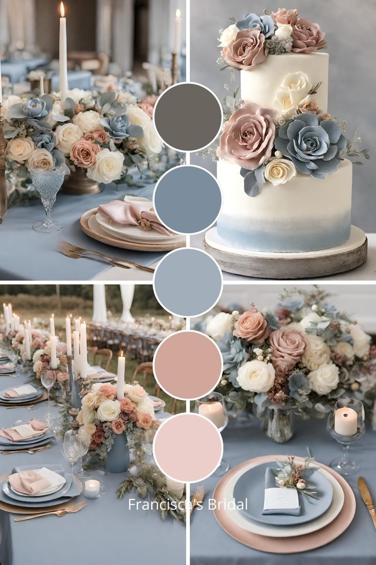 the table is set with blue and pink flowers, candles, plates and napkins