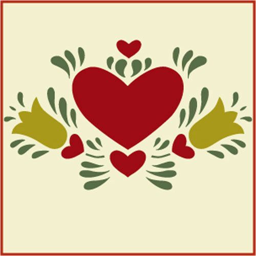 a red heart surrounded by green and yellow leaves on a white background with the words, the artful stencil