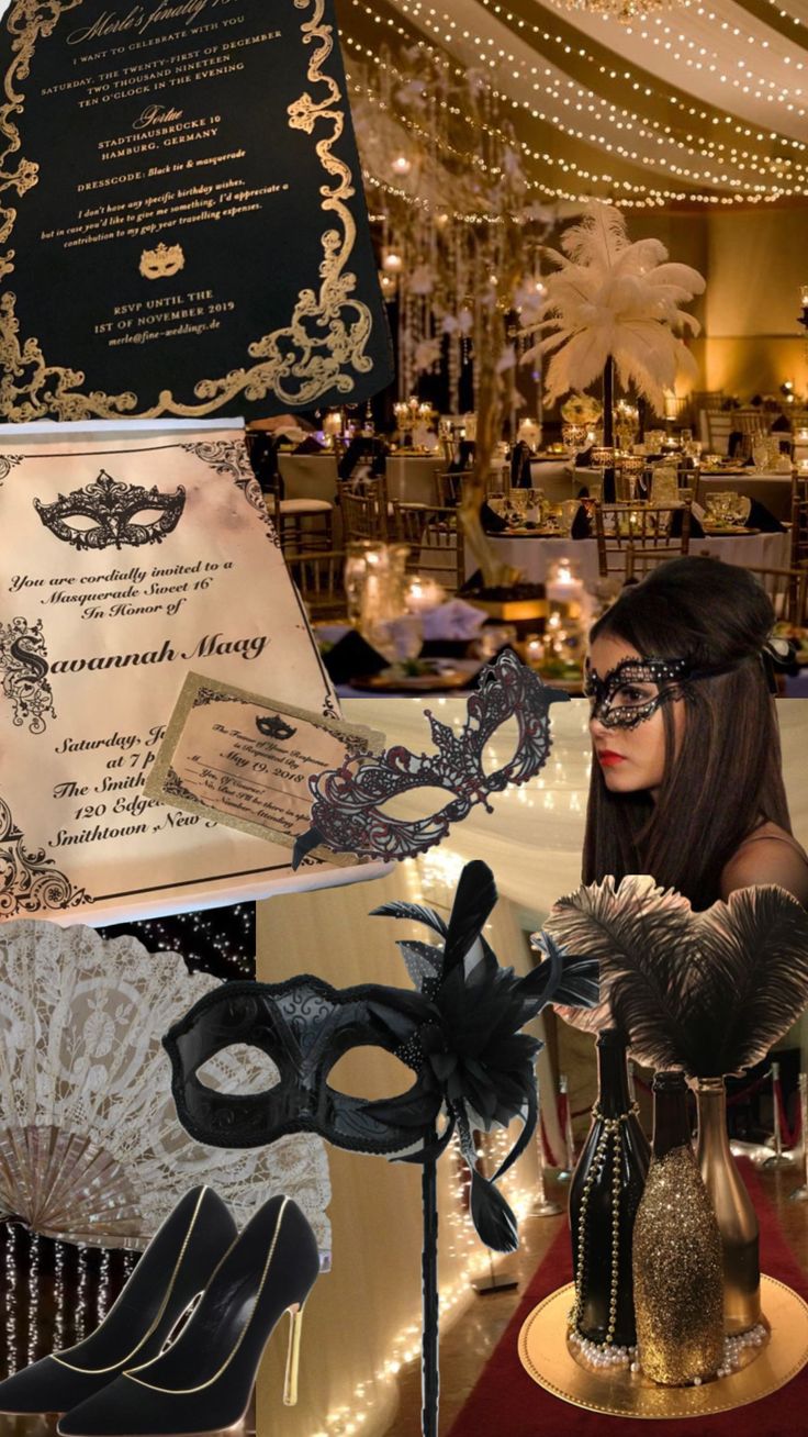 a collage of masquerade masks and decorations