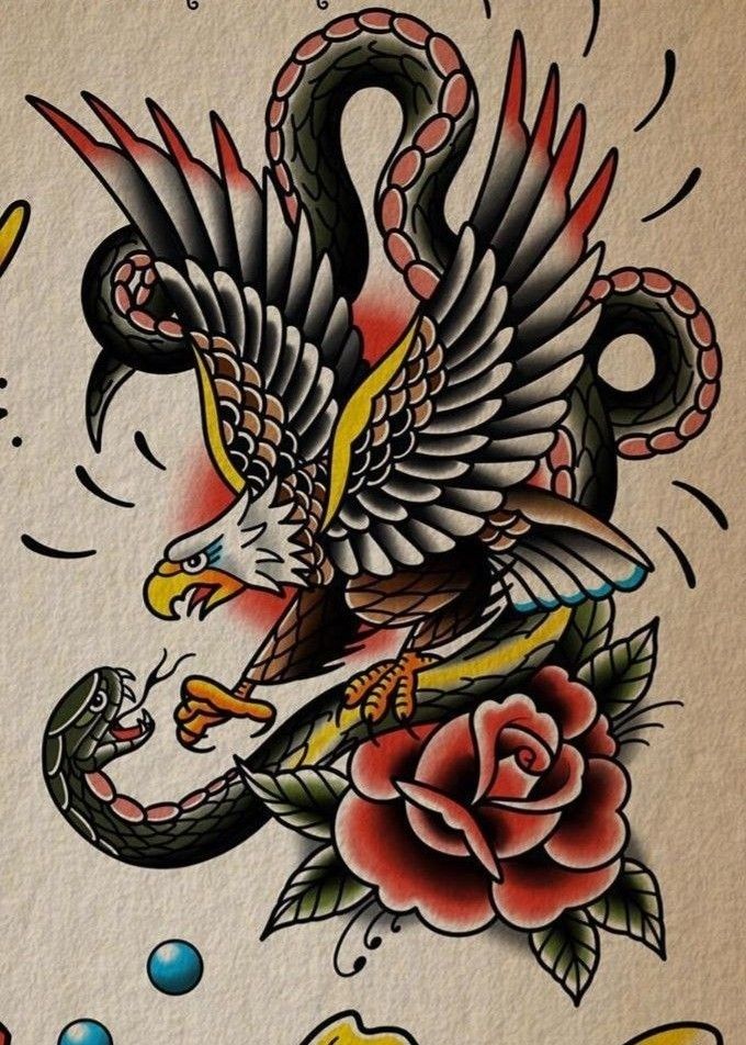 a tattoo design with an eagle and snake on it