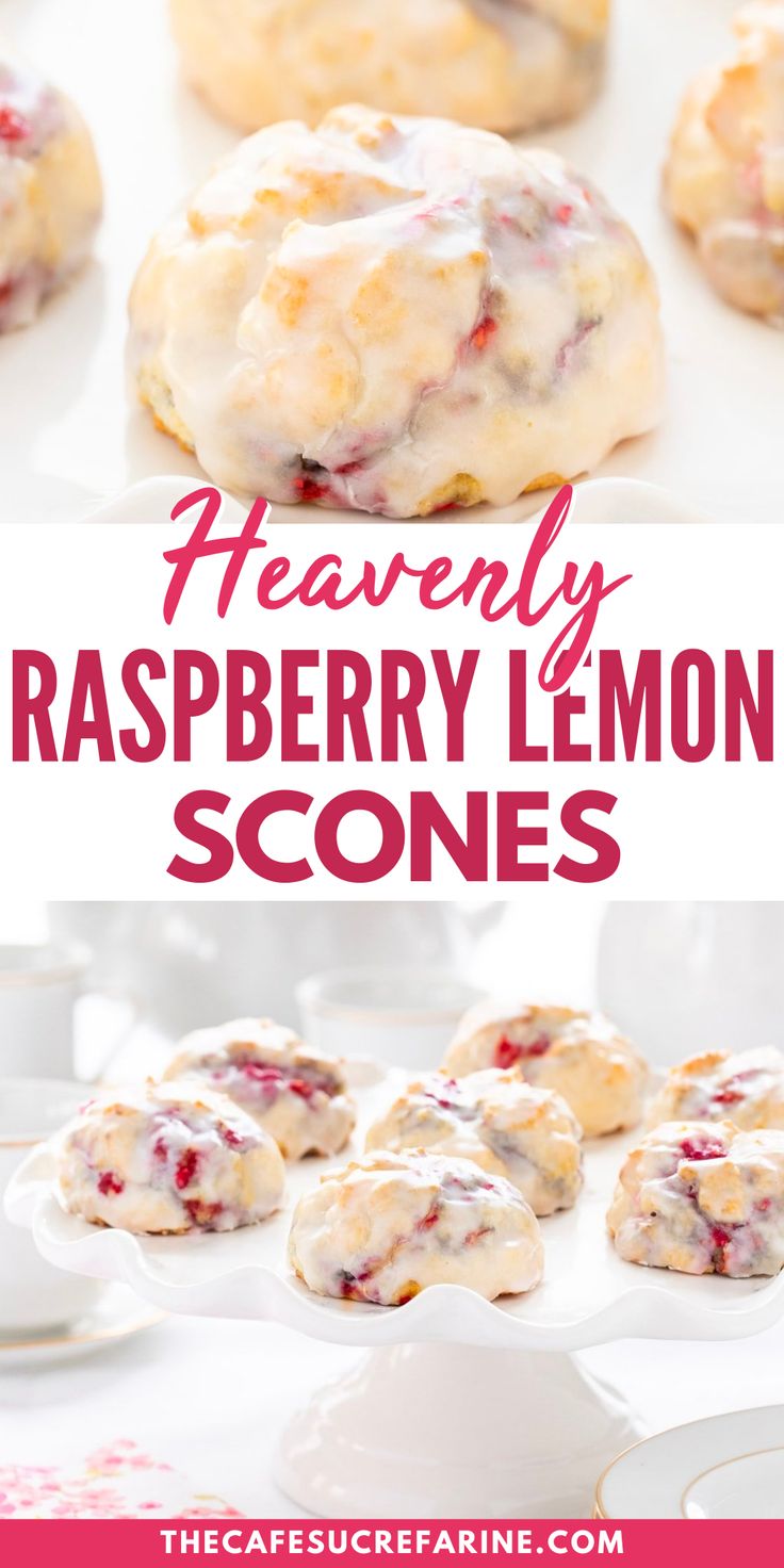 raspberry lemon scones on a white plate with the title text overlay reads heavenly raspberry lemon scones