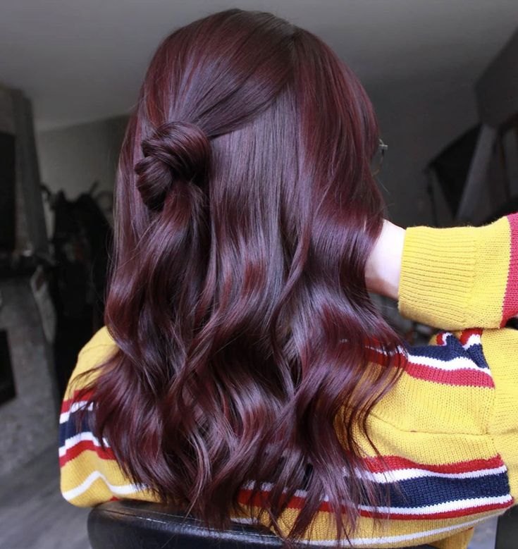 Full Burgundy Hair, Single Process Hair Color Red, Dark Cherry Brown Hair Burgundy, Dark Red Hair Ideas For Brunettes, Dark Maroon Hair Burgundy Brunettes, Mulbury Hair Color, Burgundy Medium Hair, Revlon Deep Burgundy Hair Color, Hair Colour Red Wine