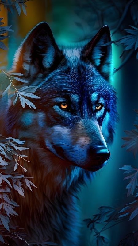 a painting of a wolf with blue eyes and green leaves in the foreground, against a dark background