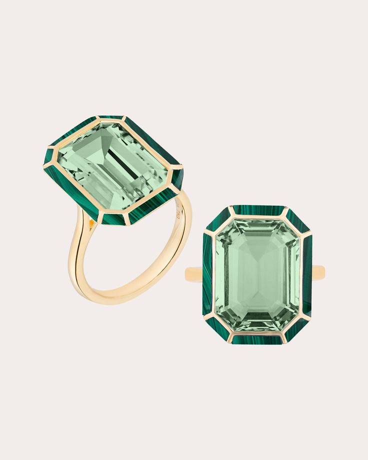 Set atop an 18-karat gold band, this artful ring features an emerald-cut prasiolite face detailed with inlaid malachite along its octagonal bezel. From Goshwara's Mélange Collection. 18k gold, prasiolite and malachite Carat: 1.53 ctw malachite, 9.39 ctw prasiolite Polish with soft cloth Made in Thailand Measurements Prasiolite width: 0.56in Prasiolite length: 0.76in Malachite Ring, Scarf Trends, Malachite Rings, Emerald Cut Rings, Large Jewelry, By Malene Birger, Pretty Stuff, Fashion Jewelry Earrings, Gold Band